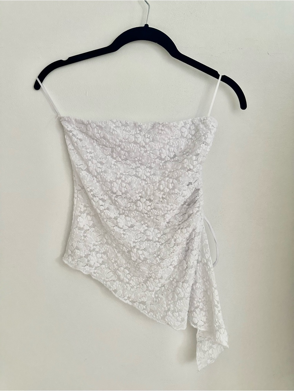 White Lace Draped Asymmetric Strapless Top